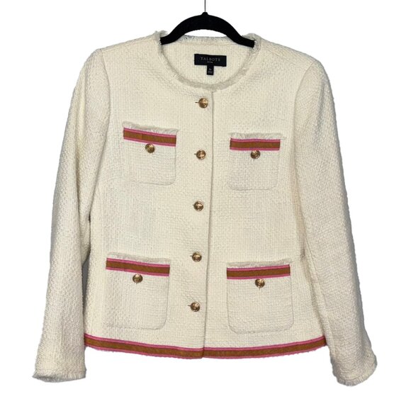 Talbots Ivory Collarless Cropped Blazer w/Grosgrain Ribbon Trim - Size 6P - NWOT - Picture 2 of 5